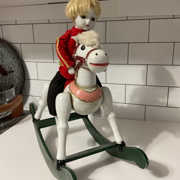 VTG Enesco 1981 Vintage Porcelain Boy Soldier Doll Musical Wooden Rocking Horse - Picture 2 of 13